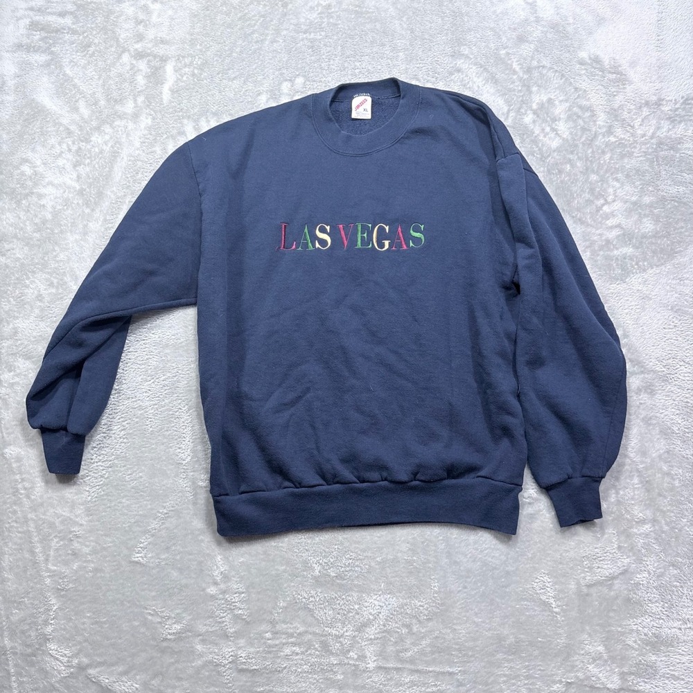 Jerzees Sweatshirt Mens XL Navy Blue Vintage Las Vegas Embroidered Made in USA